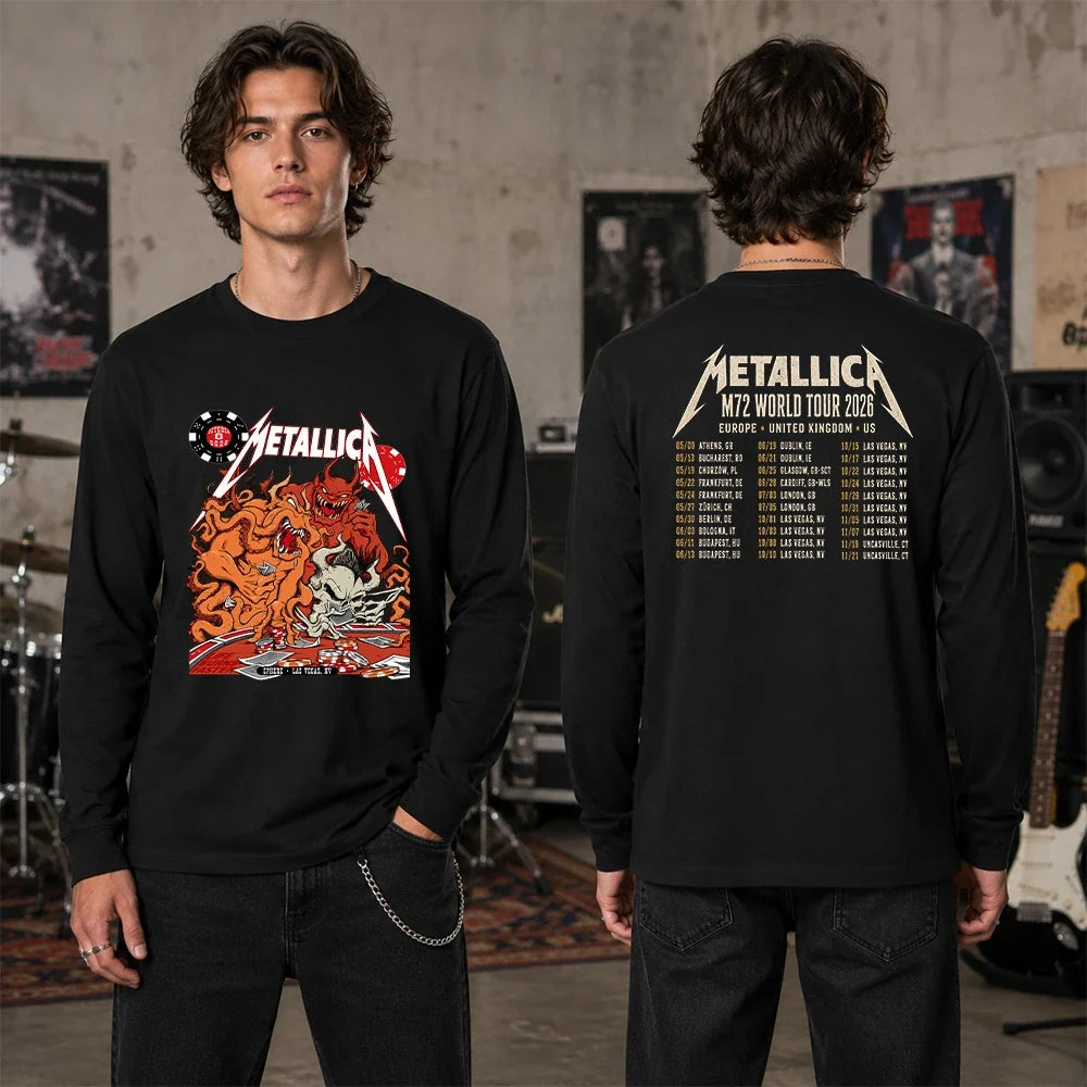 Metallica Life Burns Faster October 8 2026 Sphere Las Vegas United States 2 Side T-Shirt featuring casino demons, orange tentacles, poker chips, playing cards and skull artwork with a Metallica tour-inspired back print.